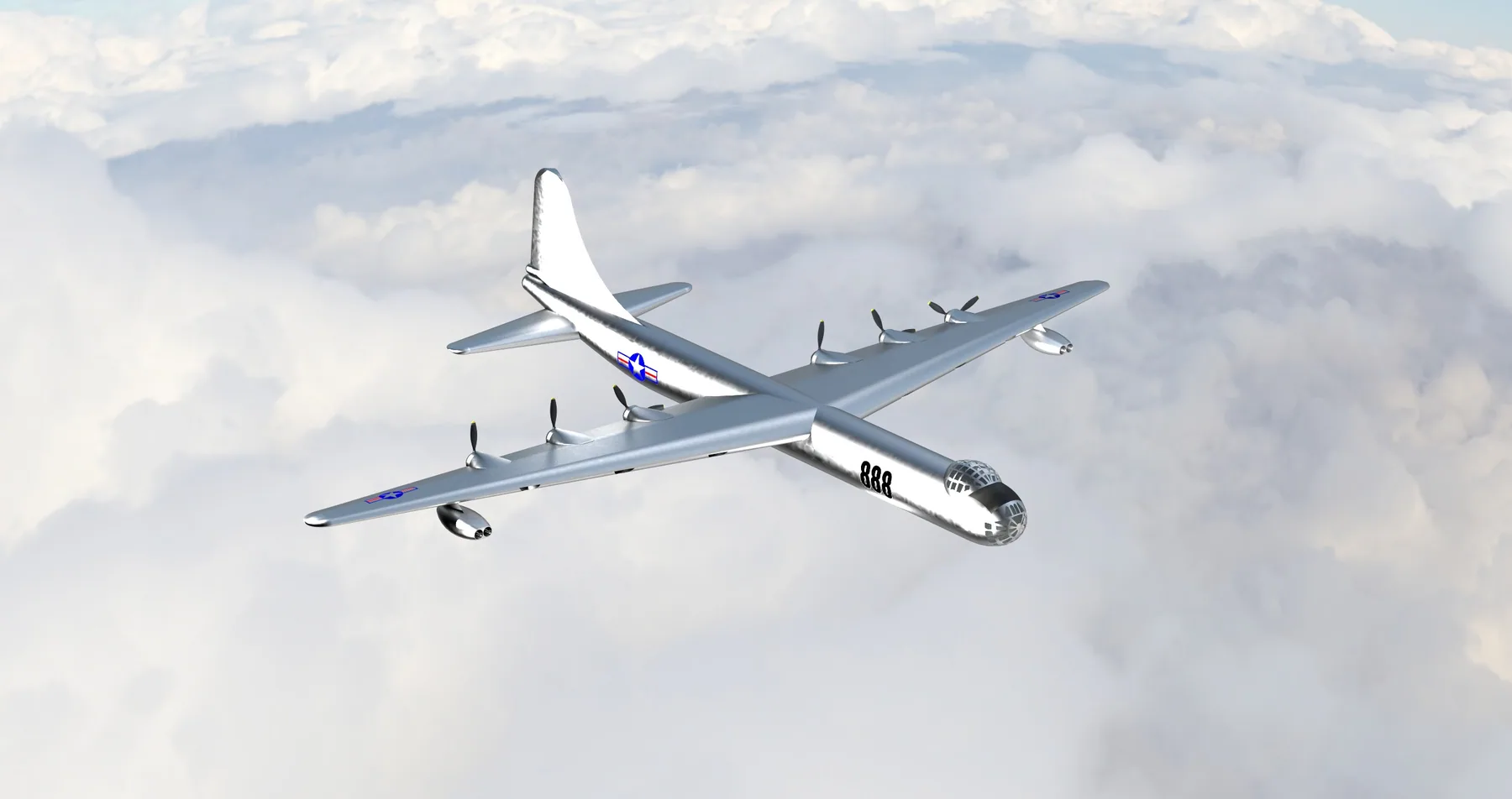Front-quarter render of the completed B-36 Peacemaker model in Siemens NX, shown in a bare-metal finish above a cloud layer.