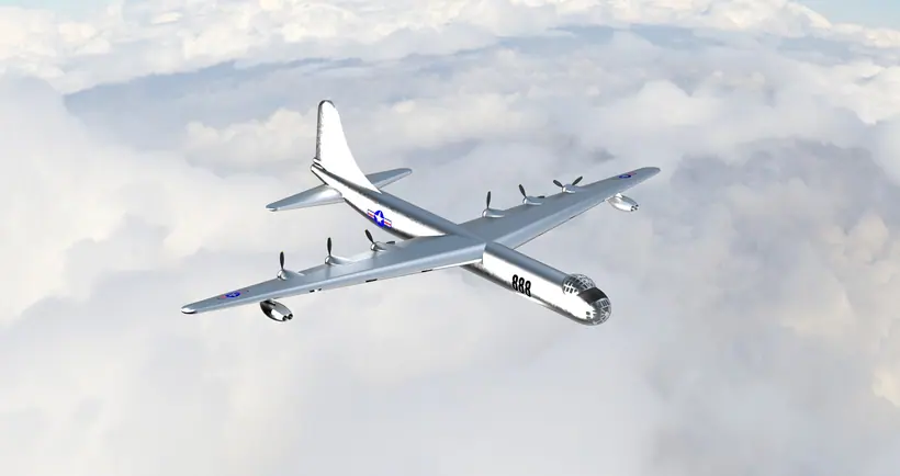 Front-quarter Siemens NX render of the B-36 Peacemaker model above a cloud layer.