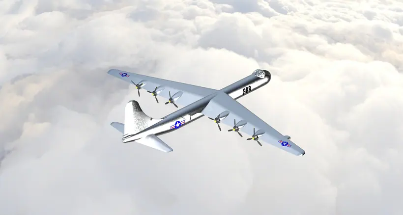 Rear-quarter render of the B-36 model showing the tail surfaces, engine arrangement, and upper wing.