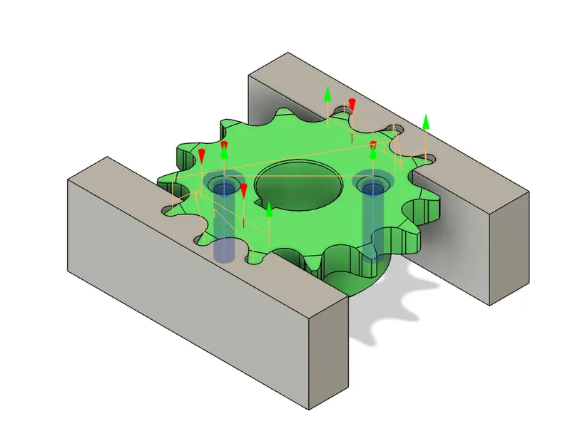 CAM setup on an existing drive sprocket showing toolpaths for the holes being added.
