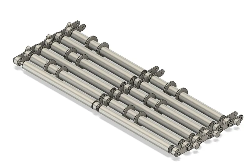 CAD model of a longer conveyor chain assembly built from repeated link and roller subassemblies.