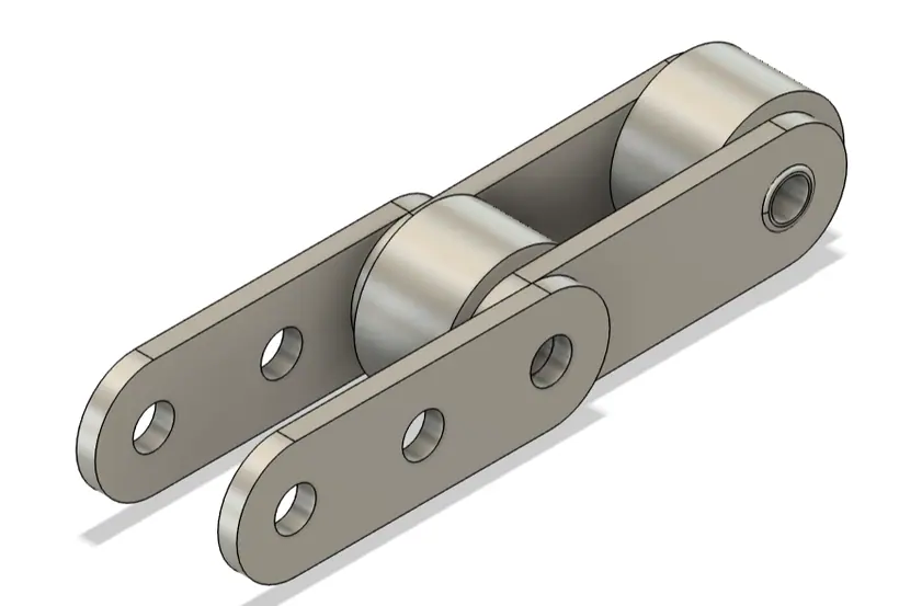 CAD assembly of a single conveyor segment showing paired side links, rollers, and connecting pins.