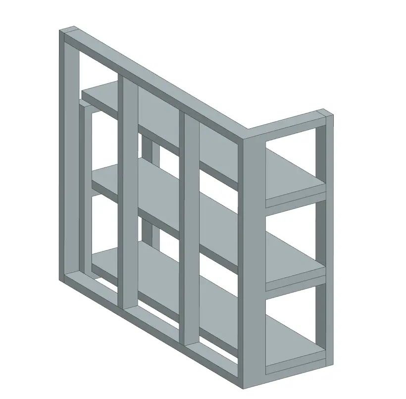 Opposite CAD isometric view showing the full-length shelves from the work side and how they meet the end frame.