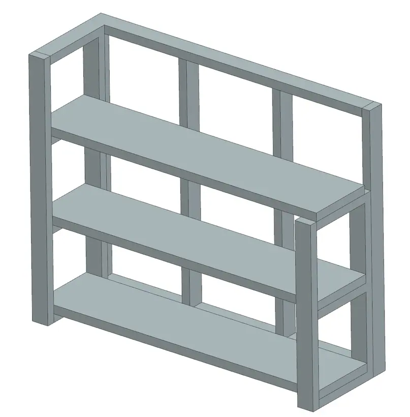 CAD isometric view of the frame assembly showing the vertical posts, horizontal rails, and stepped shelf levels with the return section at one end.