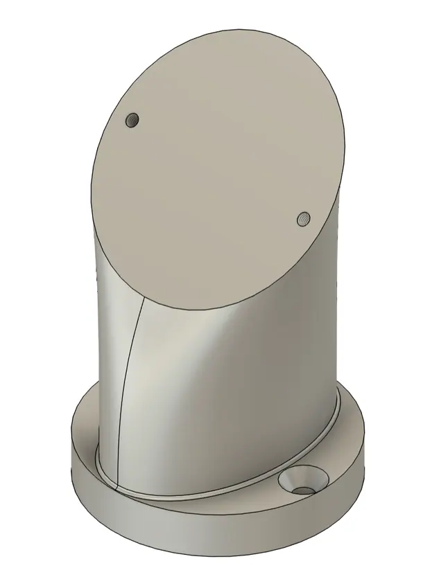 CAD model of the camera mount: a cylindrical body on a flanged base with an angled face plate on top.