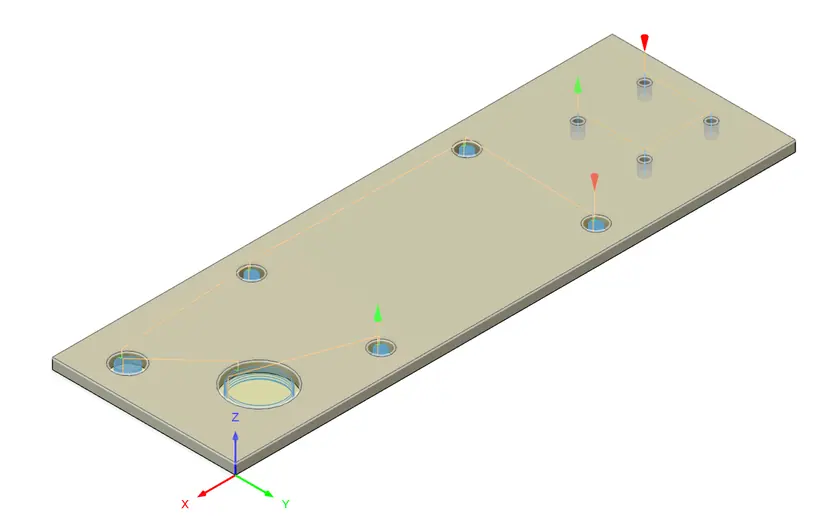 CAM setup showing toolpaths over a rectangular mounting plate with bores and mounting holes.