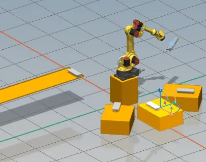 FANUC RoboGuide simulation showing the robot model, conveyor, and part fixtures laid out in the virtual cell.